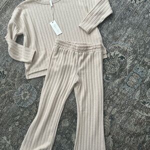 Beige Ribbed Knit Sweater and Pants Set